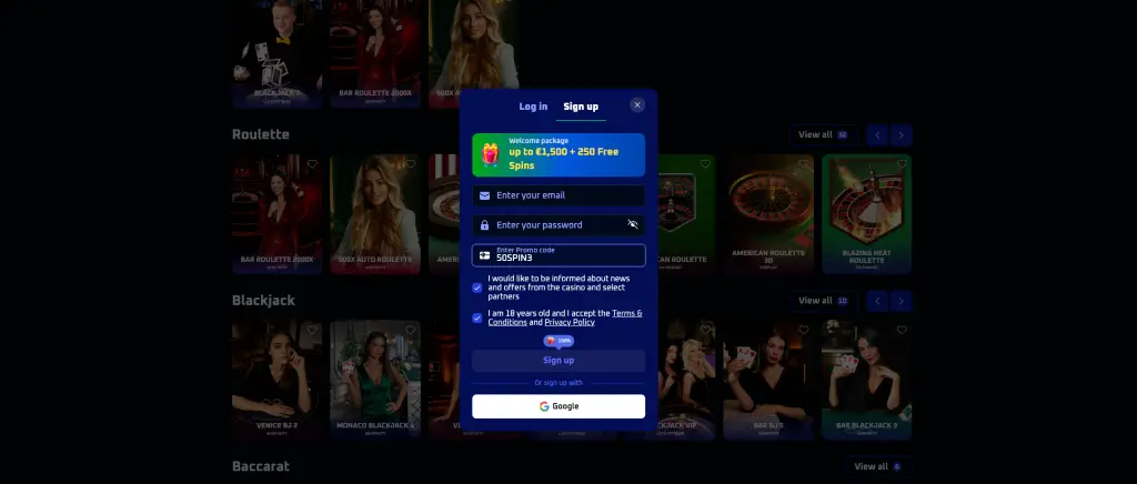 Spinwinera promóciós kód szakasz a regisztráció során